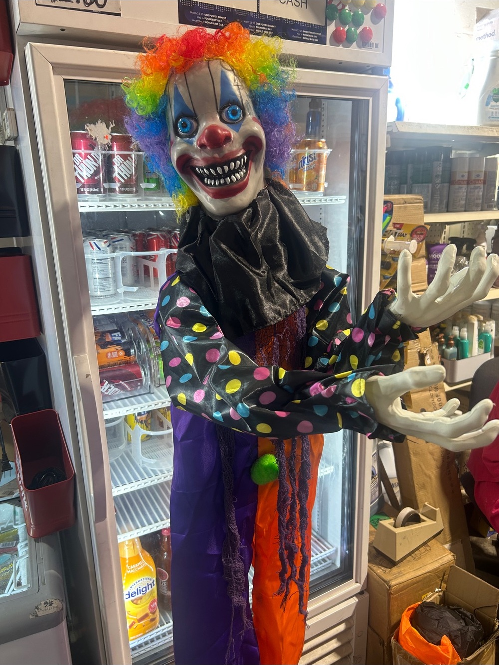 Scary Rainbow Clown Kids Halloween Decor with Polka Dot Shirt
